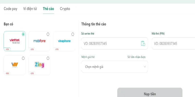 Tiến hành nạp tiền qua thẻ cào điện thoại